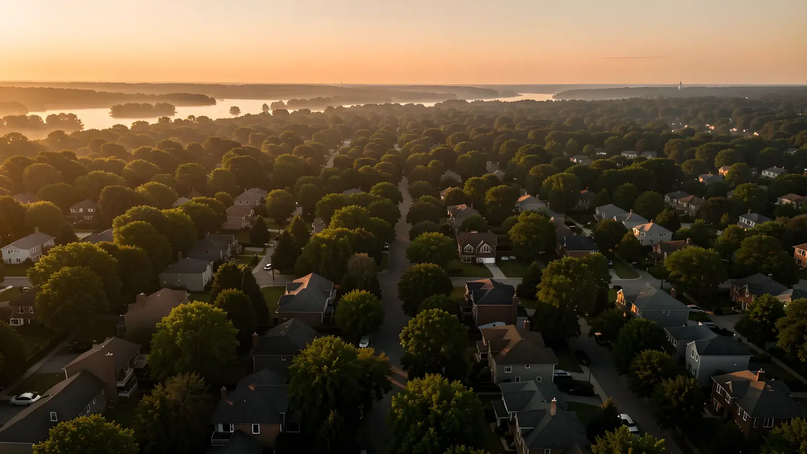 Aerial view of a leafy Ontario neighbourhood at golden hour.