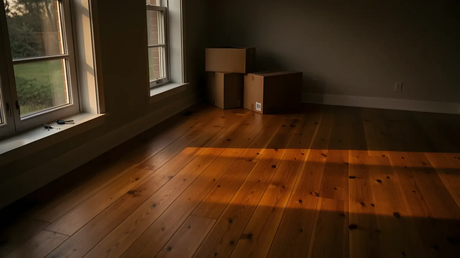An empty living room in a newly bought home, moving boxes stacked by the window.