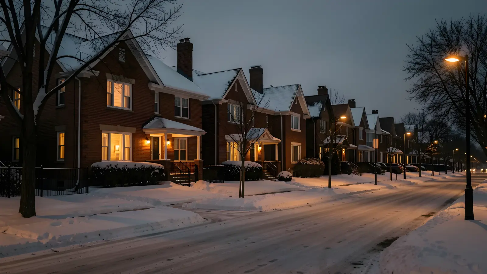 A row of brick houses on a snowy Toronto street at dusk.