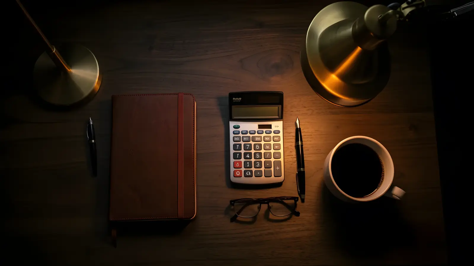 A desk at night with a calculator, a leather notebook, a pen and a cup of coffee under a brass lamp.