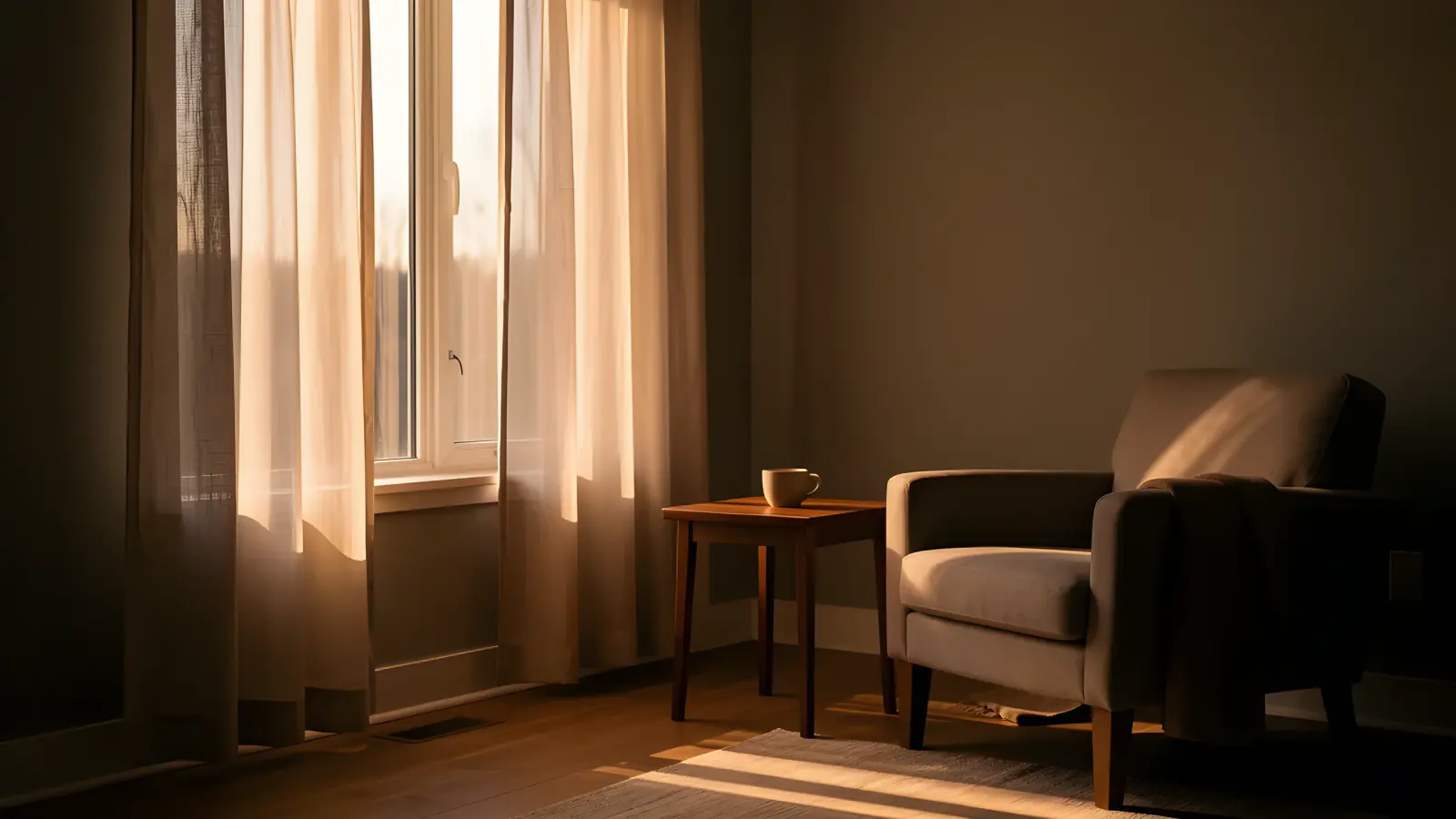 Morning sun through tall curtained windows into a quiet living room with an armchair.