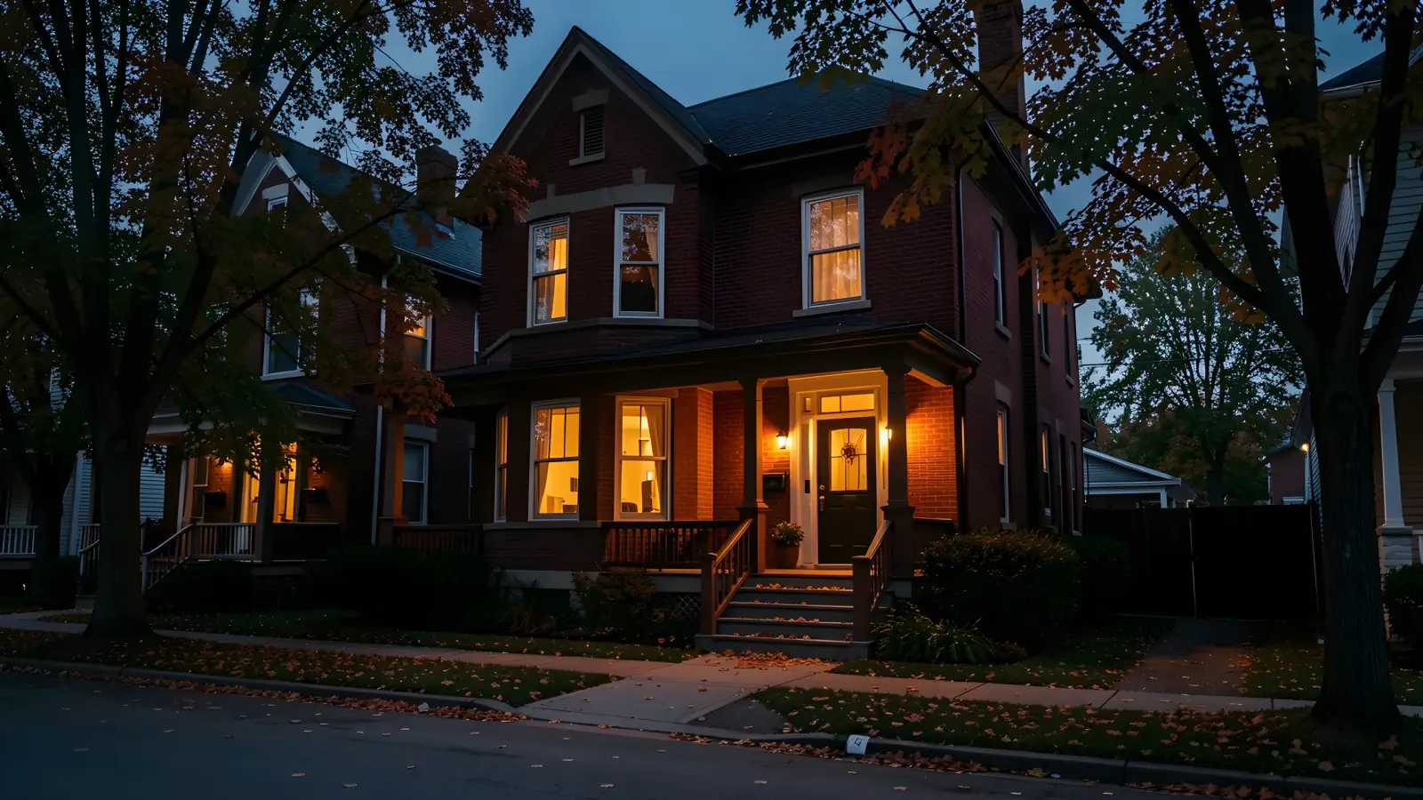 A red-brick Victorian house on a tree-lined Ontario street at dusk, its windows lit warm.