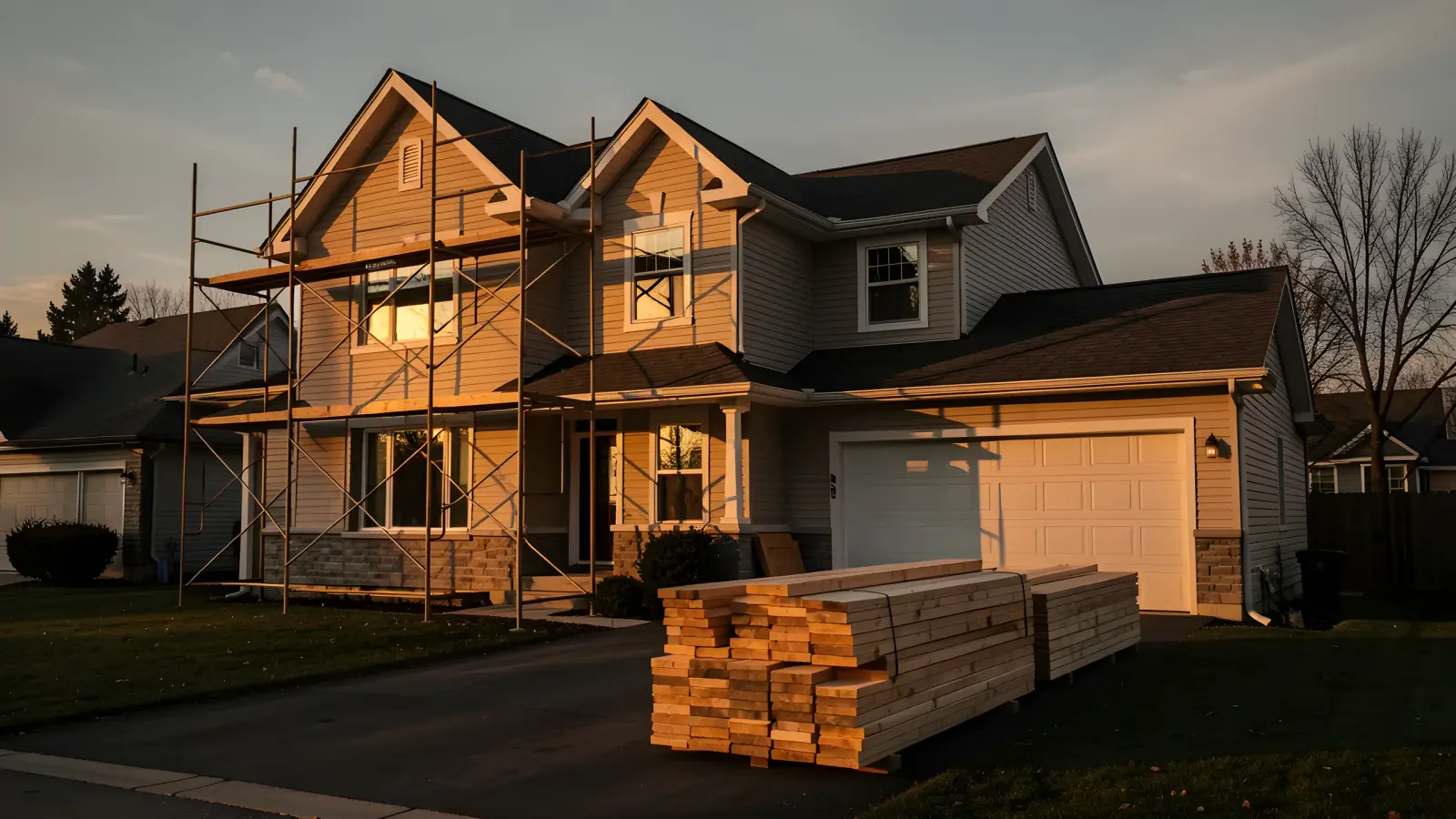 A suburban house under renovation, scaffolding on the front and lumber stacked on the driveway.