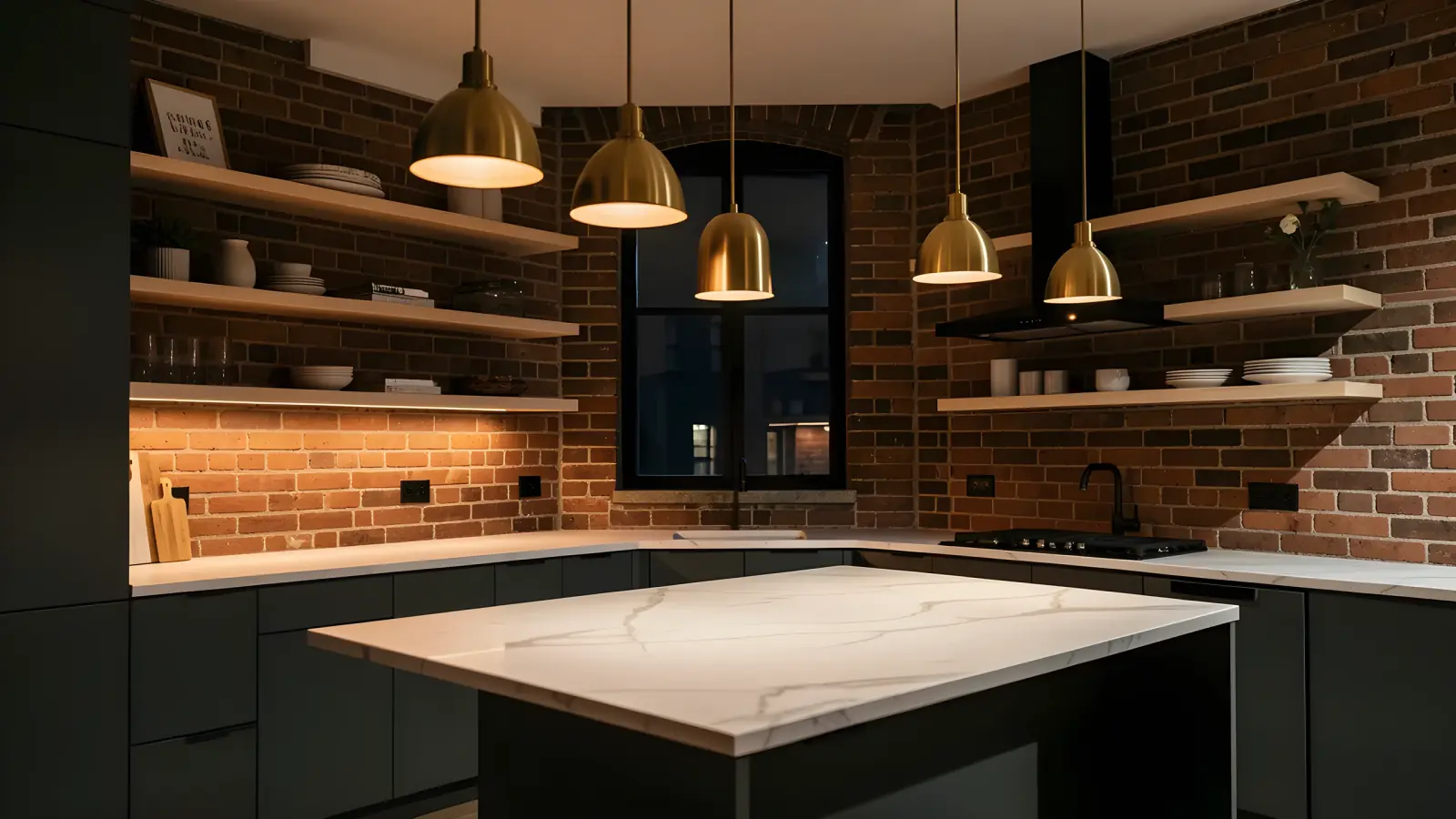 A renovated kitchen in an older brick home, with a marble island and brass pendant lights.
