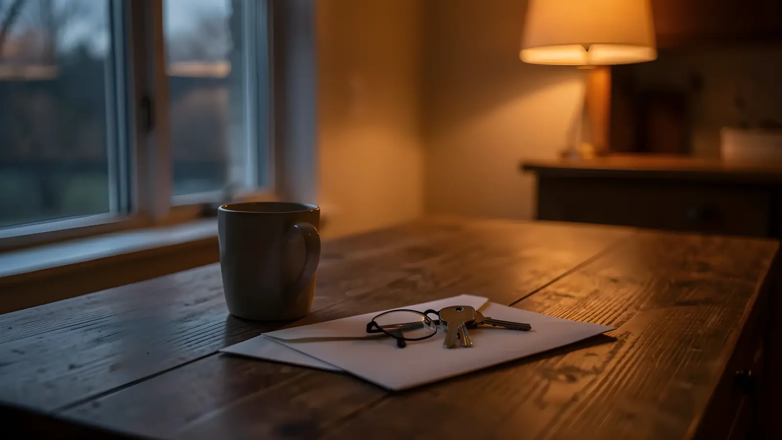 House keys and reading glasses resting on an envelope beside a mug of tea at a kitchen table.