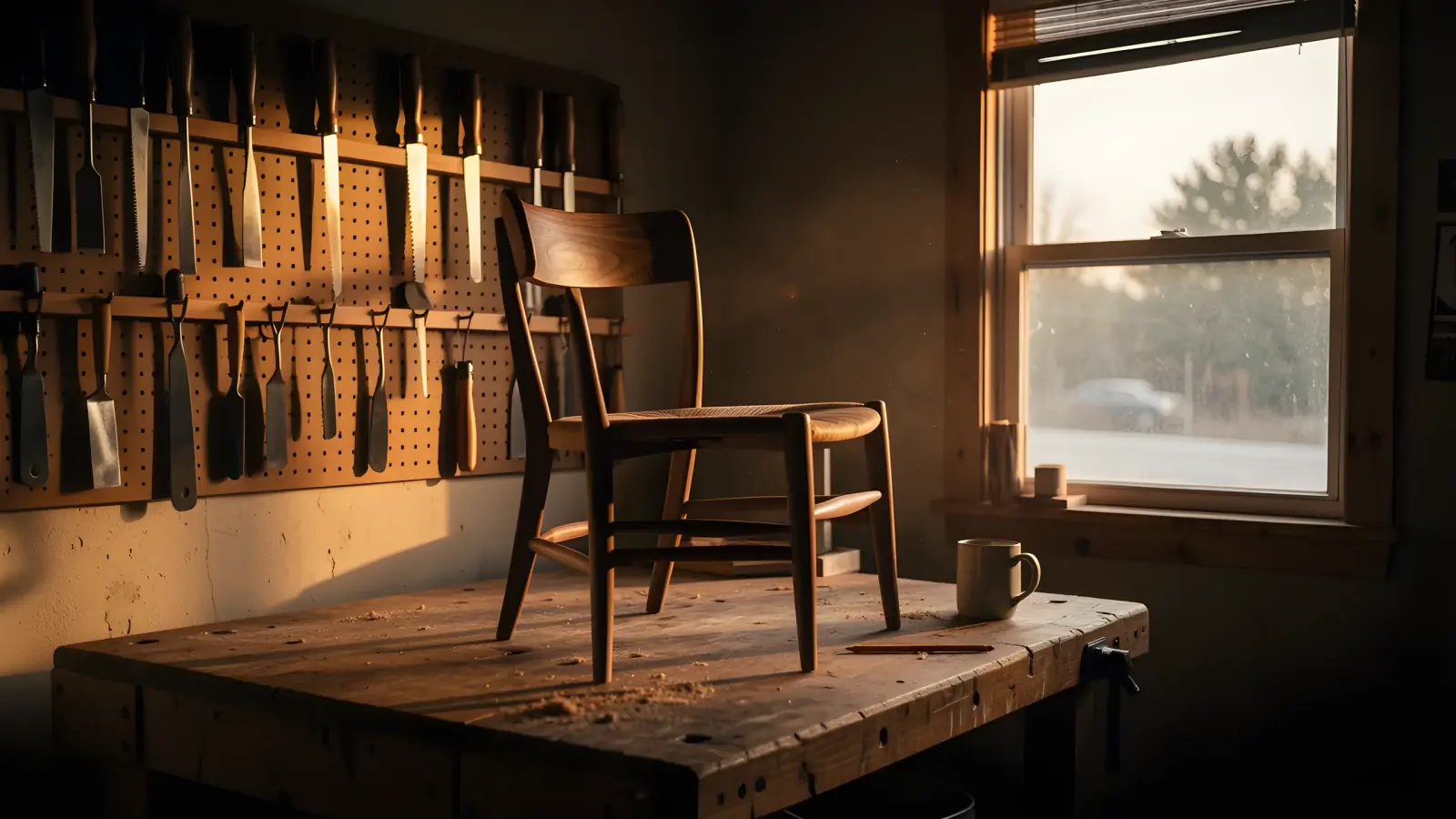 A small woodworking shop in a converted garage, tools on a pegboard and a walnut chair on the bench.
